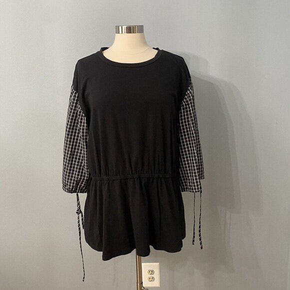 Eloquii Shirt Blouse Plus Size 18/20 Gingham Sleeve Black White Drawstring Waist - Picture 3 of 9